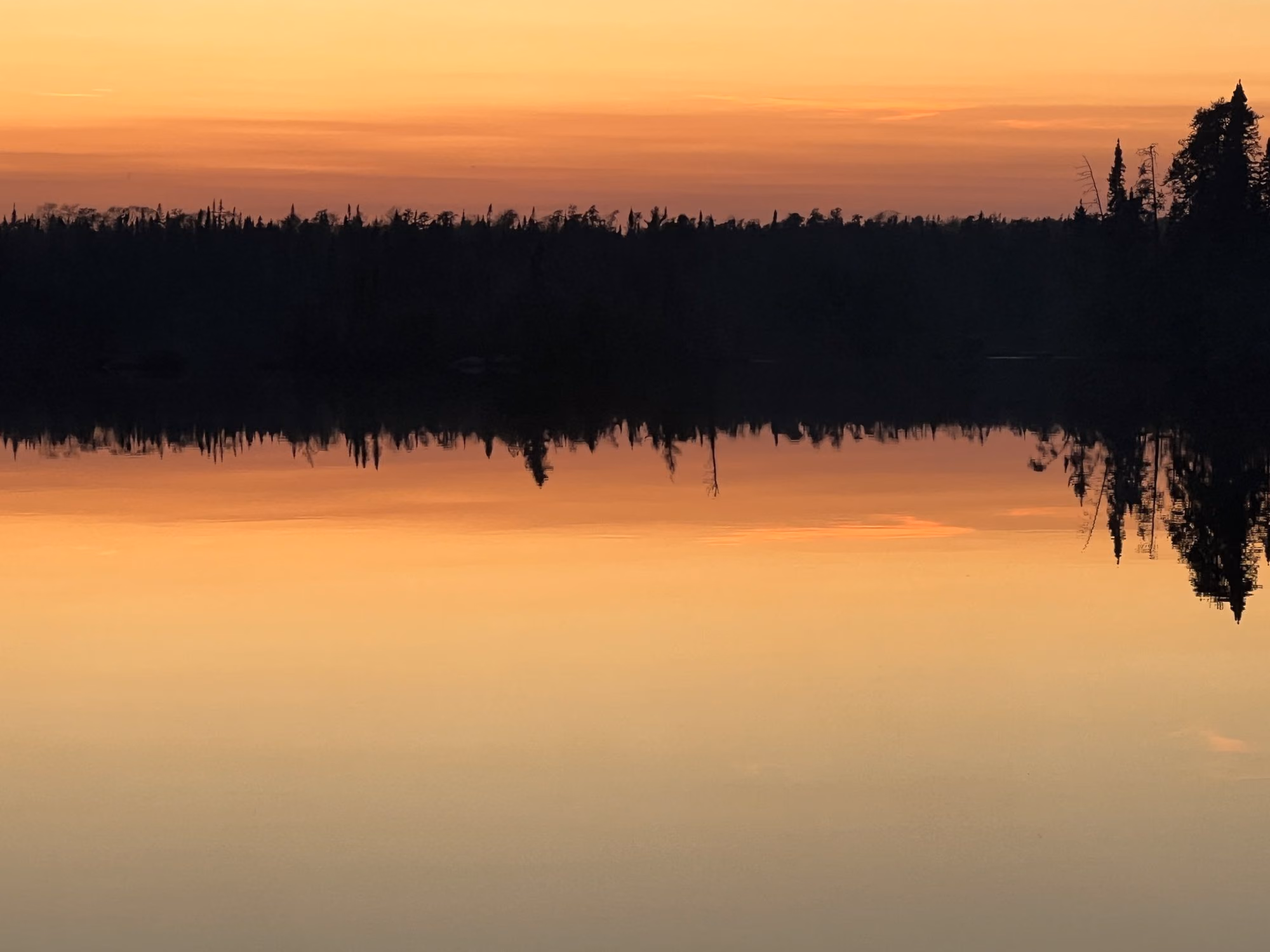 A still lake at dusk in the Boundary Waters, pines on the far shore, the sky fading from gold to navy